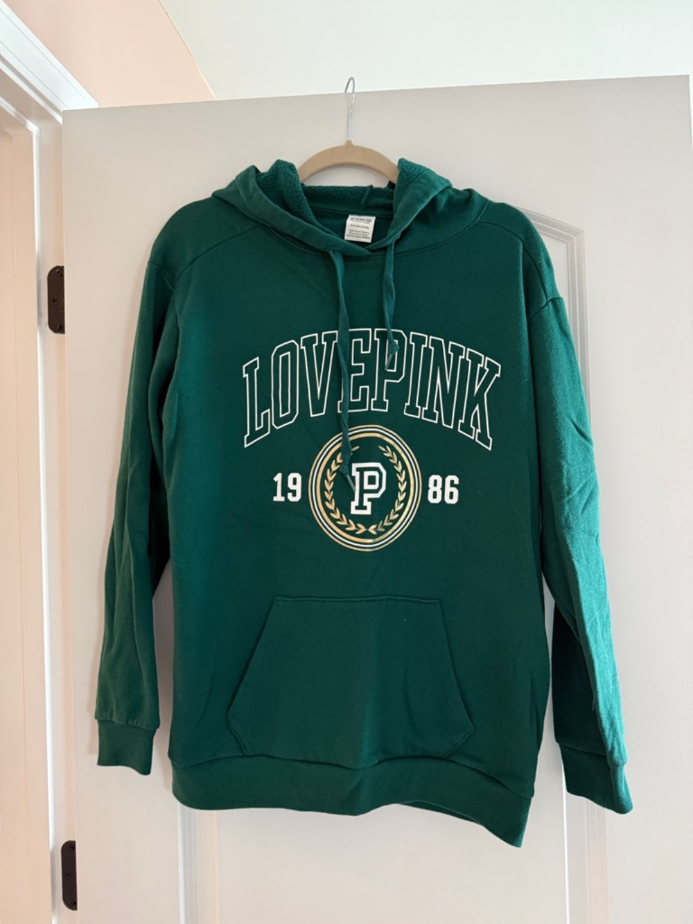 PINK Victoria's Secret Green "LOVE PINK" Hooded Sweatshirt